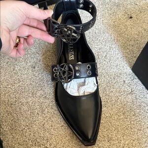 Killstar Black Pentagram Ankle Strap Flats